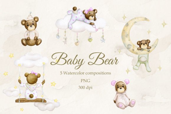 Baby Bear's Dreams: Watercolor PNG Set for Soft Designs